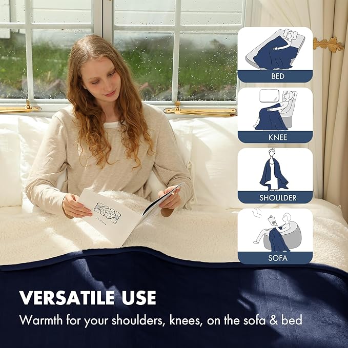 Heated Throw 50" x 60" - Soft Flannel Sherpa Electric Blanket with 5 Heating Levels & 4 Hours Auto Off, Heating Blanket Throw as a Gift for Grandma, Machine Washable (Navy)