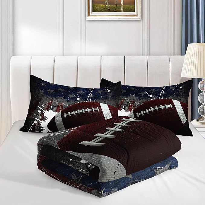 American Flag Comforter Set American Football Graffiti Printed Bedding Set with 1 Comforter and 2 Pillowcases for Boys and Girls Bedroom All Season(Football-2 Queen)