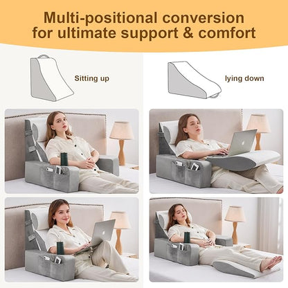 Reading Pillow for Sitting in Bed Adult, Back Pillow for Bed Sitting up with Arms, Pockets and Cup holder, Sit Up Backrest Pillows for Beds Chair Support, Beds Rest Pillow for Gaming, Watching TV