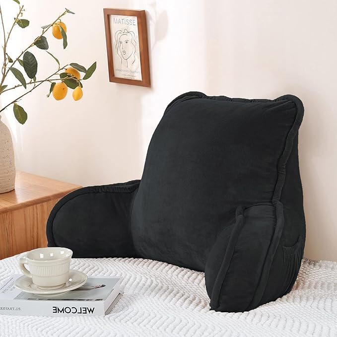 Super Soft Velvety Backrest Reading Bed Rest Pillow with Arms and Pockets 18" H for Sitting in Bed Couch Sofa, Back Support Wedge Cushion with Removable Cover, 20" x 18" x17", Black