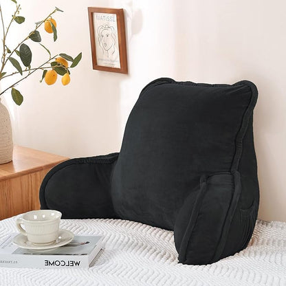Super Soft Velvety Backrest Reading Bed Rest Pillow with Arms and Pockets 18" H for Sitting in Bed Couch Sofa, Back Support Wedge Cushion with Removable Cover, 20" x 18" x17", Black