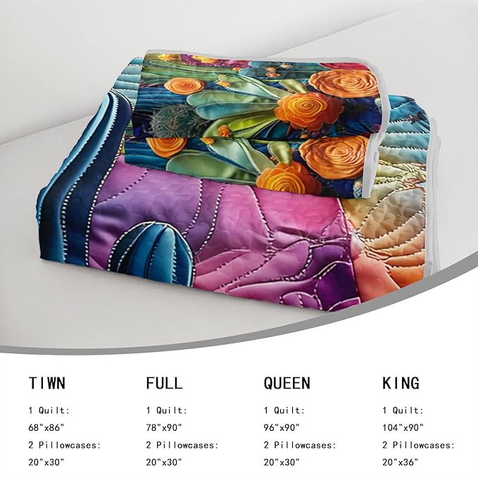 AILONEN Western Cactus Quilt Set Twin Size,Colorful Cactus Botanical Bedspread Coverlet for Boys Girls,Lightweight,3Pcs Retro Floral Succulent Plant Quilt & 2 Pillowcases
