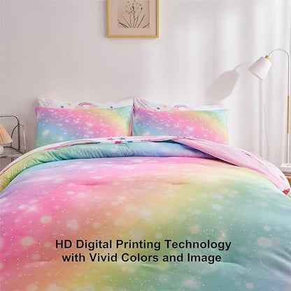 Rainbow Girls Queen Comforter Set with Sheets, 7 Pieces Queen Bed in a Bag with Comforter, Sheets and Pillowcases, Soft Microfiber Pastel Fun Girly Queen Bedding Set for Kids Teens Women
