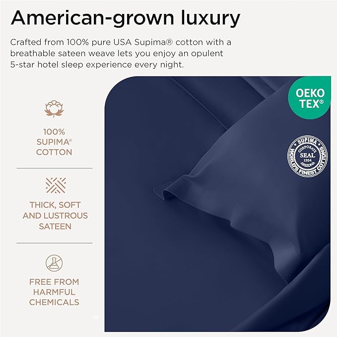 Threadmill California King Sheets, Certified American Supima Cotton Sheet, 1000 Thread Count Hotel Quality Sheets, 4 Piece Luxury Bed Sheets Set with Elasticized Extra Deep Pocket, Folkstone Blue