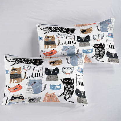 CVHOUSE Cat Bedding,Cartoon Cat Comforter Full,Animals Print Comforter Set for Kids,Kawaii Quilt Set with 1 Comforter and 2 Pillow Cases