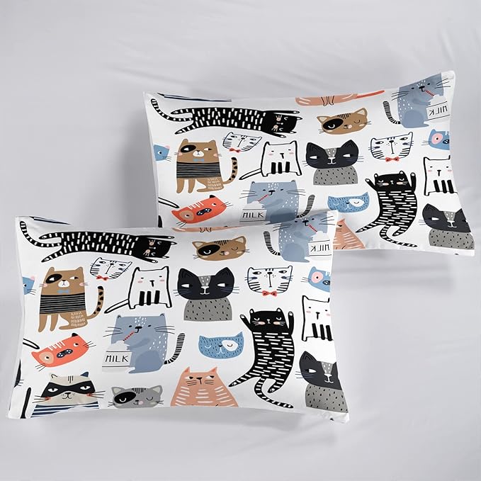 CVHOUSE Cat Bedding,Cartoon Cat Comforter Queen,Animals Print Comforter Set for Kids,Kawaii Quilt Set with 1 Comforter and 2 Pillow Cases