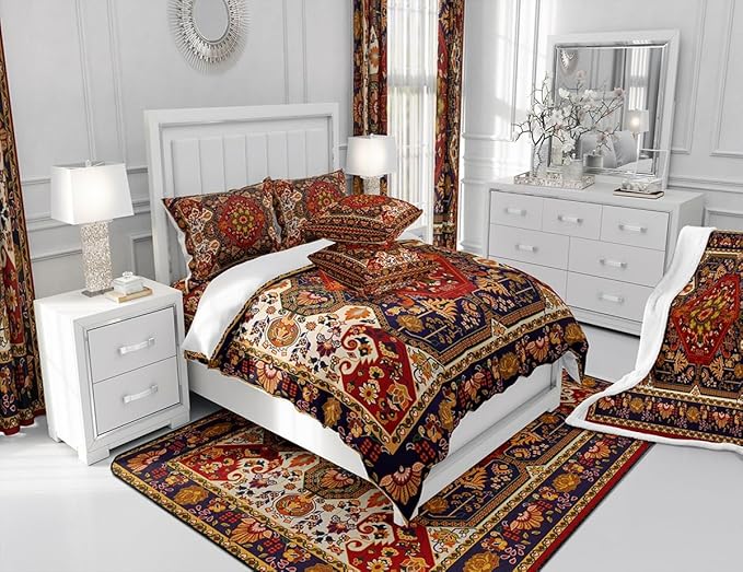 Boho Floral Comforter Set King Size,Vintage Geometric Flowers Pattern Bedding Set 3pcs for Adult Woman Room Decor,Aztec Tribal Colorful Quilt Set Exotic Retro Duvet Insert,2 Pillowcases,Brown