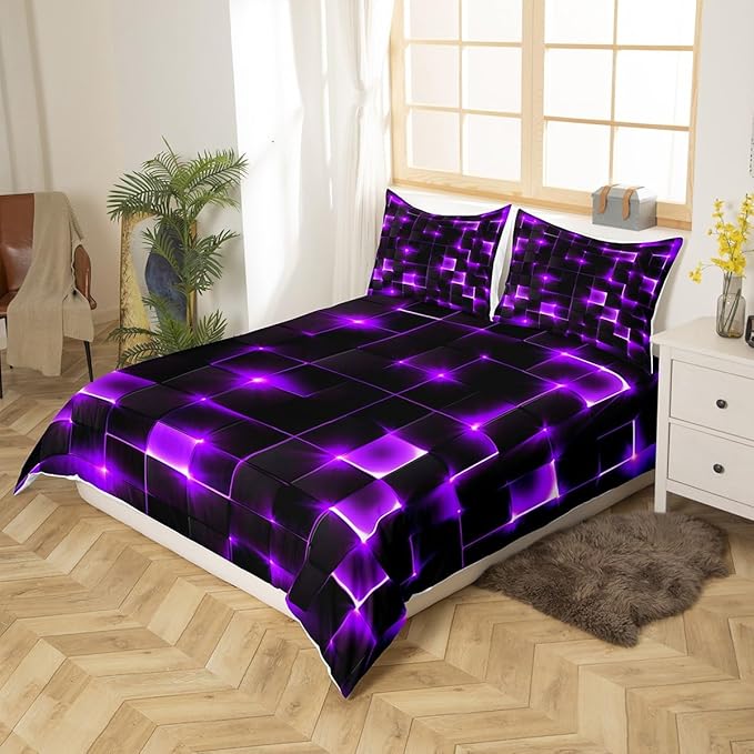 Castle Fairy Abstract Bedding Set King Size for Teens,3D Modern Cool Geometric Grid Square Comforter Cover with 2 Pillowcases,Shiny Purple Neon Light Black Duvet Cover Set Microfiber Quilt Cover