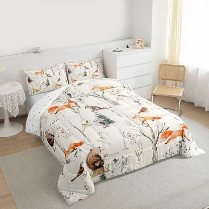 Kids Cute Animals Comforter Set Twin Size Cartoon Bear Fox and Rabbit Bedding Set 2Pcs for Girls Boys Adult Room Decor Foggy Tree Jungle Plants Quilt Set Hunt Adventure Duvet Insert,Beige