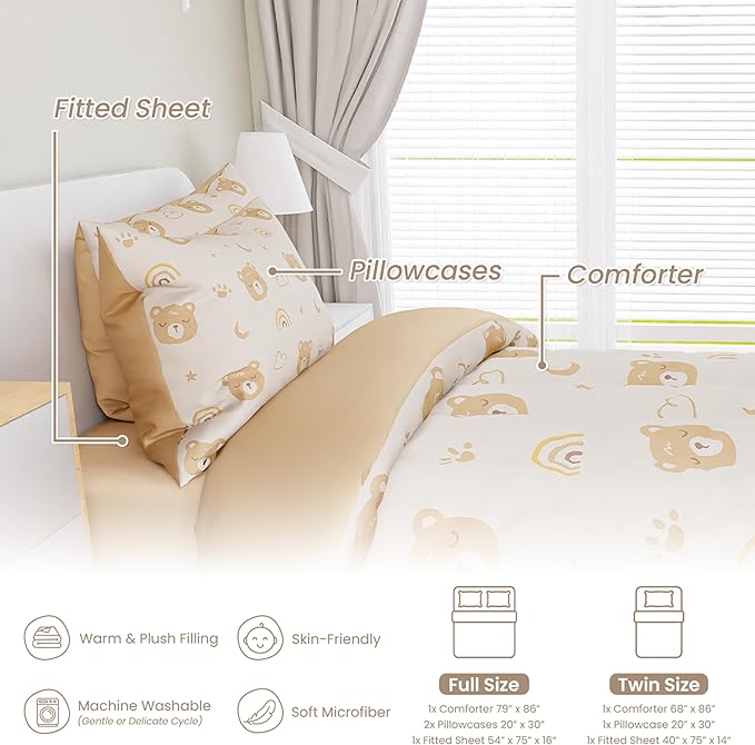 SANDJEST Bear Comforter Set Twin Size 68x86in for Kids Boys Girls Unisex, Microfiber 3 Pcs Bedding Set Includes 1 Comforter, 1 Pillowcase, 1 Fitted Sheet, Nursery Room Decor