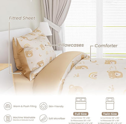 SANDJEST Bear Comforter Set Twin Size 68x86in for Kids Boys Girls Unisex, Microfiber 3 Pcs Bedding Set Includes 1 Comforter, 1 Pillowcase, 1 Fitted Sheet, Nursery Room Decor