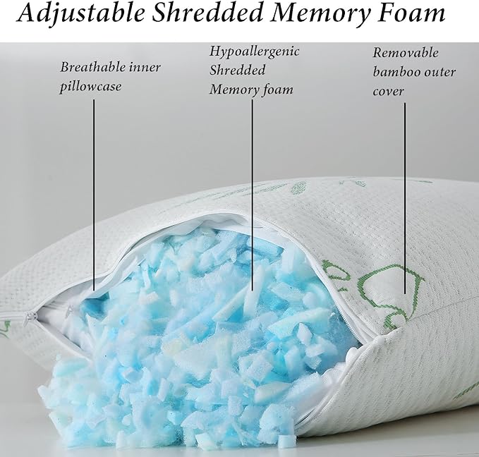 King Size Memory Foam Pillows Set of 2, Bed Pillow for Sleeping, Firm Pillow Gel for Neck Support, Hotel Quality Bed Rest Pillow with Cooling Zippered Breathable Cover King 2 Pack