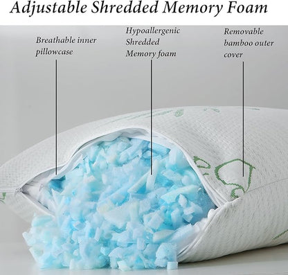 Memory Foam Pillows Queen Size set of 2, Shredded Memory Foam Bed Pillow for Sleeping, Adjustable Fluffy Pillow with Cooling Breathable Cover for All Sleepers, Hotel Quality Rest Pillow Queen 2 Pack