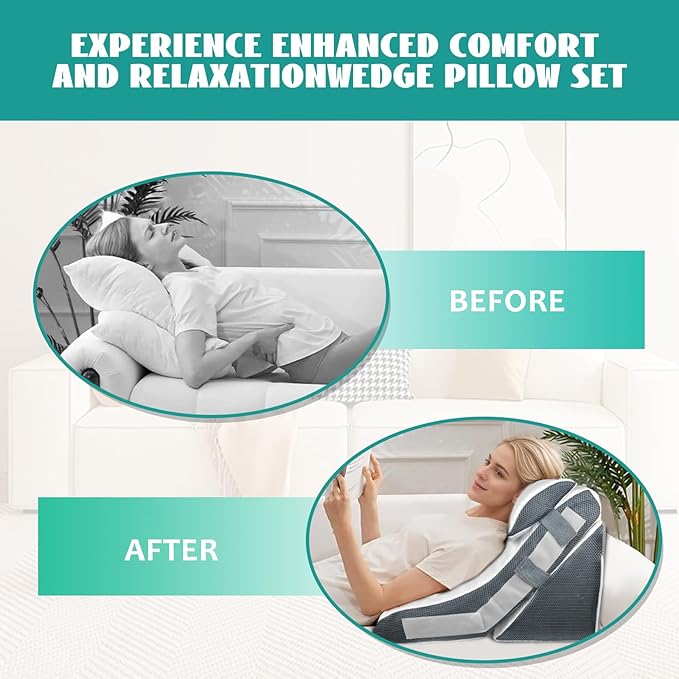 3PCS Wedge Pillow Set for After Surgery, Wedge Pillow for Acid Reflux Relief, Adjustable 9&12inch for Headboard, Orthopedic Memory Foam for Neck&Back Support, White/Grey