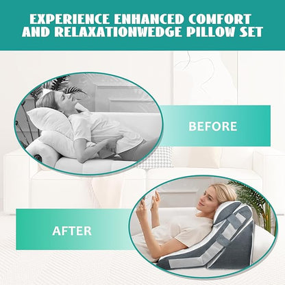 3PCS Wedge Pillow Set for After Surgery, Wedge Pillow for Acid Reflux Relief, Adjustable 9&12inch for Headboard, Orthopedic Memory Foam for Neck&Back Support, White/Grey