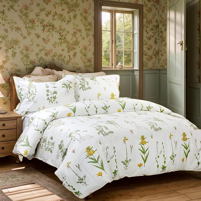 FADFAY Shabby Floral Duvet Cover Set White and Green Cotton Bedding Set with Hidden Zipper Closure 3 Pieces, 1duvet Cover & 2pillowcases (Twin Size, Simple Style)