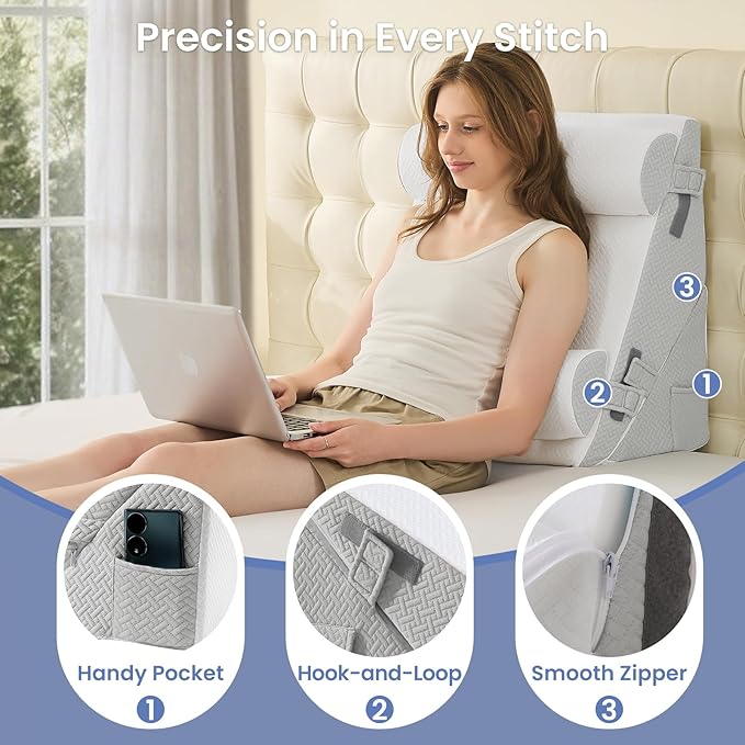 Sasttie Wedge Pillow Set for After Surgery, 3PCS Adjustable Bed Wedge Pillow Headboard with Memory Foam Neck Cushion – for Acid Reflux, Sleeping, Neck & Back Support, Light Grey & White