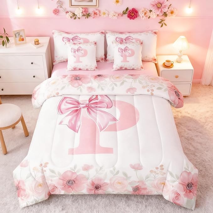 Erosebridal Initial Letter P Bow Bedding Sets for Kids Girls, Pink Girly Bowknot Bed in A Bag Twin Cute Fantasy Princess Bedding Set Bedroom Decor Romance Flower Floral Comforter Set with Sheets