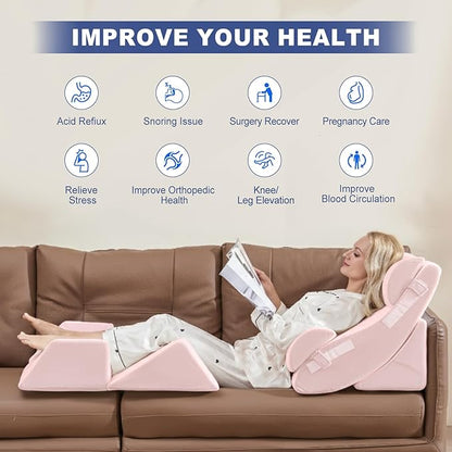 6PCS Multi-Functional Bed Wedge Pillow Kit - 7-in-1 Orthopedic Support for Back/Neck/Legs, Post Surgery Recovery & Sitting Up in Bed, Post Surgery Foam for Body, Pink