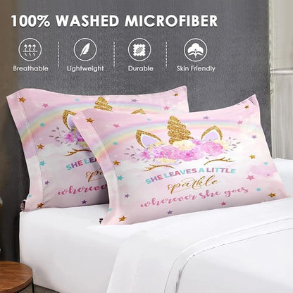 Twin Size Comforter Set with Pillowcase & Sham, Cute Golden Unicorn 5 Pcs Bedding for Kids and Teens, Pink Rainbow Star Rose Flower Bed in a Bag with Flat Fitted Sheet