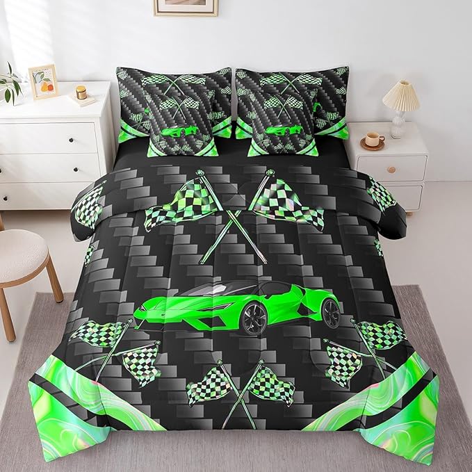Feelyou Green Race Car 7 Piece Bedding Set Twin Size Extreme Sports Comforter Set with Sheets for Kids Teens Adult Fast and Furious Bed in a Bag Dazzling Flag Bed Set