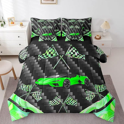 Feelyou Green Race Car 7 Piece Bedding Set Full Size Extreme Sports Comforter Set with Sheets for Kids Teens Adult Fast and Furious Bed in a Bag Dazzling Flag Bed Set