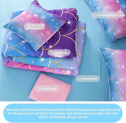 RYNGHIPY 6Pcs Teal Pink Sparkle Mermaid Comforter Sets Full Size, 3D Rainbow Glitter Girls Bedding Sets, Ombre Pastel Fish Scale Bedding Collection Sets