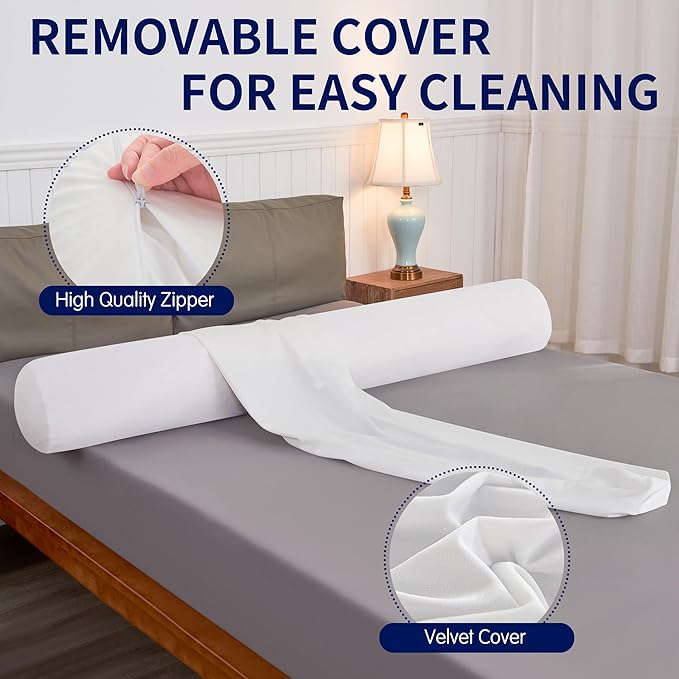 SyMax 7.8"x38" Body Pillow for Twin Bed, Memory Foam Bolster w/Removable Velvet Cover, Headboard Gap Filler Pillow, White