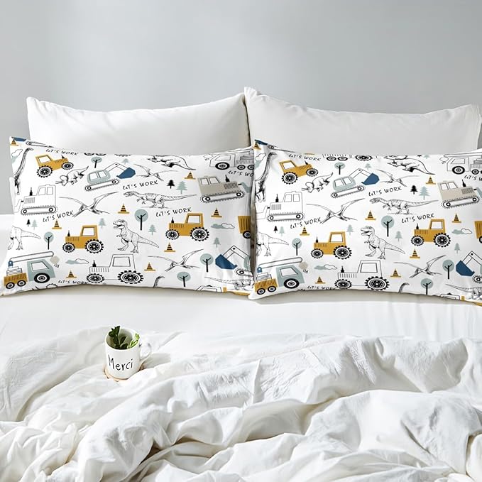 Feelyou Construction Comforter Set Full Size Kids Cartoon Car Excavator Tractor Toddler Comforter Equipment Trucks Dinosaur Comforter Set Construction Vehicles White Yellow Duvet Set Quilt Set