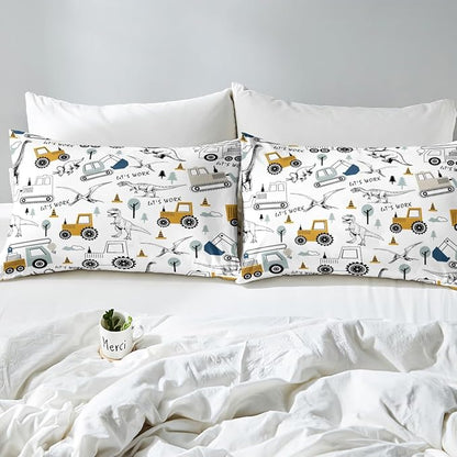 Feelyou Construction Comforter Set King Size Kids Cartoon Car Excavator Tractor Toddler Comforter Equipment Trucks Dinosaur Comforter Set Construction Vehicles White Yellow Duvet Set Quilt Set