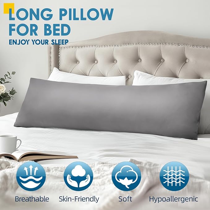 MAGIC ELEPHANT Body Pillow, Memory Foam Body Pillow for Adults, Long Pillow for Bed and Sleeping, Full Long Bed Pillow Insert with Cover (Grey, 20x54 Inch)