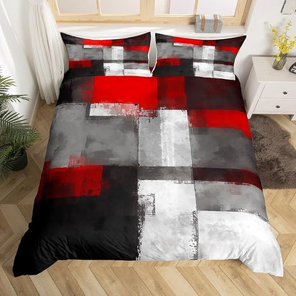 Geometric Graffiti Duvet Cover Set King Size,Red Grey White Black Rectangle Comforter Cover with 2 Pillowcases,3pcs Abstract Graffiti Painting Bedding Set for Bedroom Xmas Gift (No Comforter)