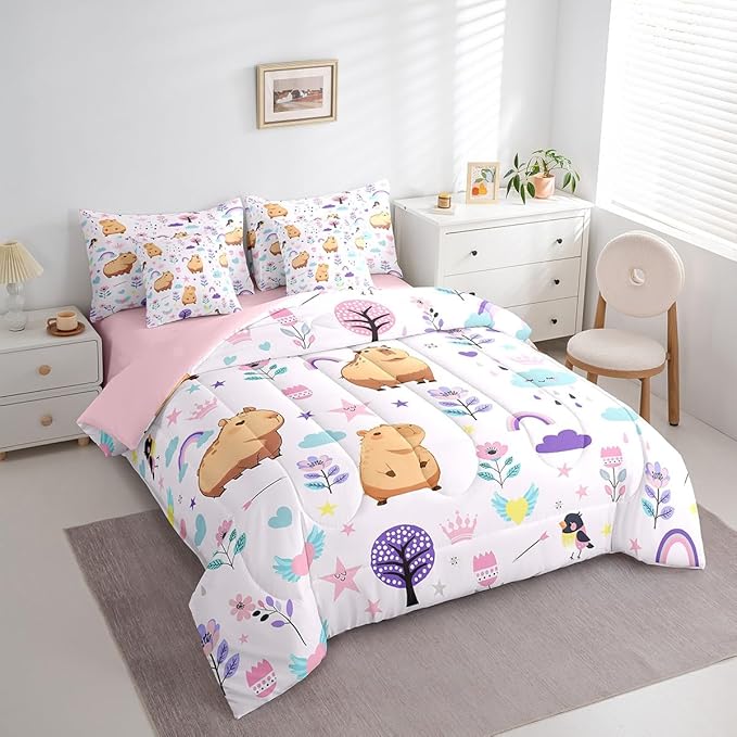 Erosebridal Full Bed in a Bag Floral Capybara Comforter Set with Sheets 7Pieces All Season Cartoon Animal Bedding Sets with Comforter, Cushion Covers, Flat Sheet, Fitted Sheet and Pillowcase