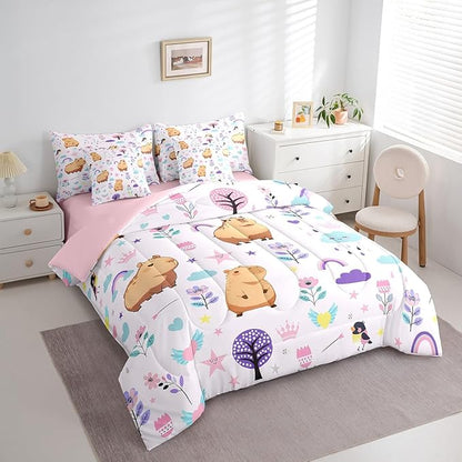 Erosebridal Full Bed in a Bag Floral Capybara Comforter Set with Sheets 7Pieces All Season Cartoon Animal Bedding Sets with Comforter, Cushion Covers, Flat Sheet, Fitted Sheet and Pillowcase