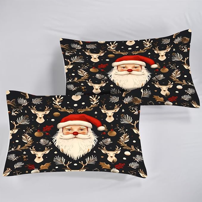 Black Christmas Comforter Set King Size Santa Claus Bedding for Girls Teen Women Xmas Reindeer Holiday Bedroom Quilt Bed Sets, 1 Comforter 2 Pillowcases