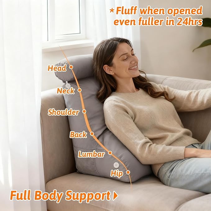 2PCS Reading Backrest Pillow Set,Soft FleeceLike,22''x24'' Bed Rest Pillow w/Removable Washable Cover,for Sit/Sleep,Leg/Back Support,Acid Reflux,PostSurgery Relief,Side Phone Pocket,Light Grey
