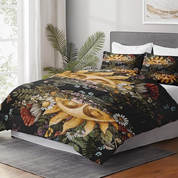 King Size Comforter Set with 2 Pillowcase, Vintage Sun Moon Woodland Soft 3 Pcs Bedding for Kids and Adults, Mushroom Fern Plants Comforter Set for Room Bedroom Bed Decor