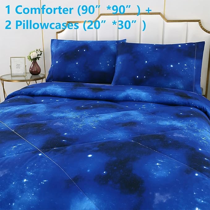 SDIII 3PCS Blue Galaxy Comforter Set Queen, Soft Microfiber Lightweight Blue and Pink Space Comforter Queen, Space Bedding for Boys Girls Kids Teens