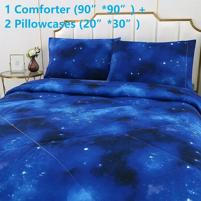 SDIII 3PCS Blue Galaxy Comforter Set Queen, Soft Microfiber Lightweight Blue and Pink Space Comforter Queen, Space Bedding for Boys Girls Kids Teens
