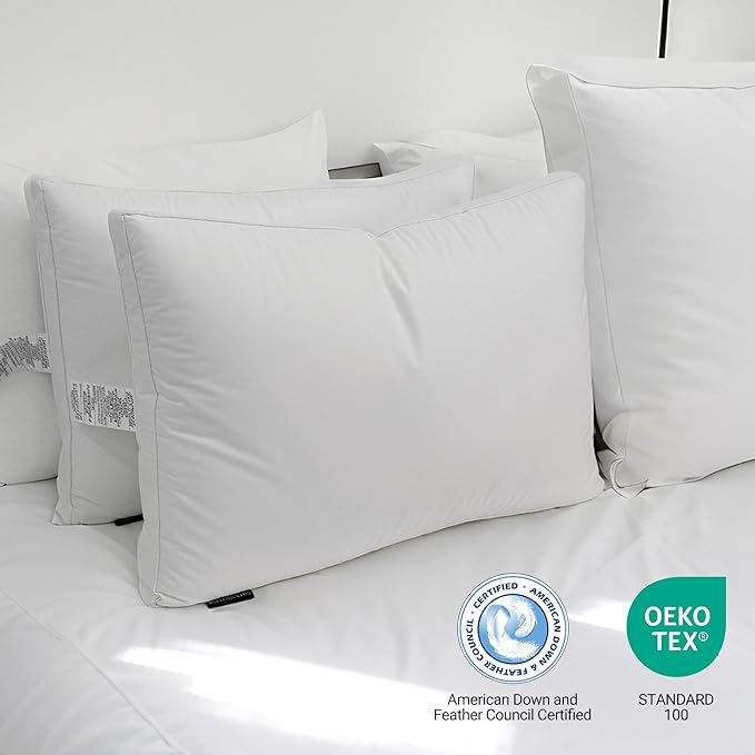 Hotel Grand Goose Feather Down Fiber Pillows Queen Size Set of 2, 100% Cotton Cover Hotel Collection Gusseted Bed Pillows for Back, Stomach or Side Sleepers, White