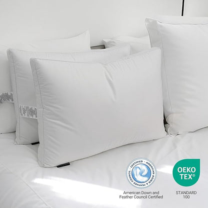 Hotel Grand Goose Feather Down Fiber Pillows Queen Size Set of 2, 100% Cotton Cover Hotel Collection Gusseted Bed Pillows for Back, Stomach or Side Sleepers, White