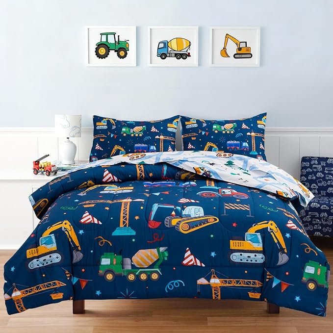 Holawakaka Trucks Tractors Cars Boy Bedding Comforter Set with Sheets, Full Size Cartoon Construction Car Excavator Print Kids Bed in A Bag 5-Piece, Boys Reversible Dorm Bed Sets (Navy Blue Full)