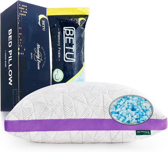 BETU Cooling Standard Pillow, Shredded Memory Foam Cool Pillow for Hot Sleepers, Adjustable Gel Firm Soft Support Bed Pillows Perfect for Neck Pain and Side Sleeping with Pillows Case Cover, Purple