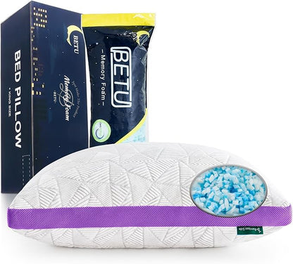 BETU Cooling Standard Pillow, Shredded Memory Foam Cool Pillow for Hot Sleepers, Adjustable Gel Firm Soft Support Bed Pillows Perfect for Neck Pain and Side Sleeping with Pillows Case Cover, Purple