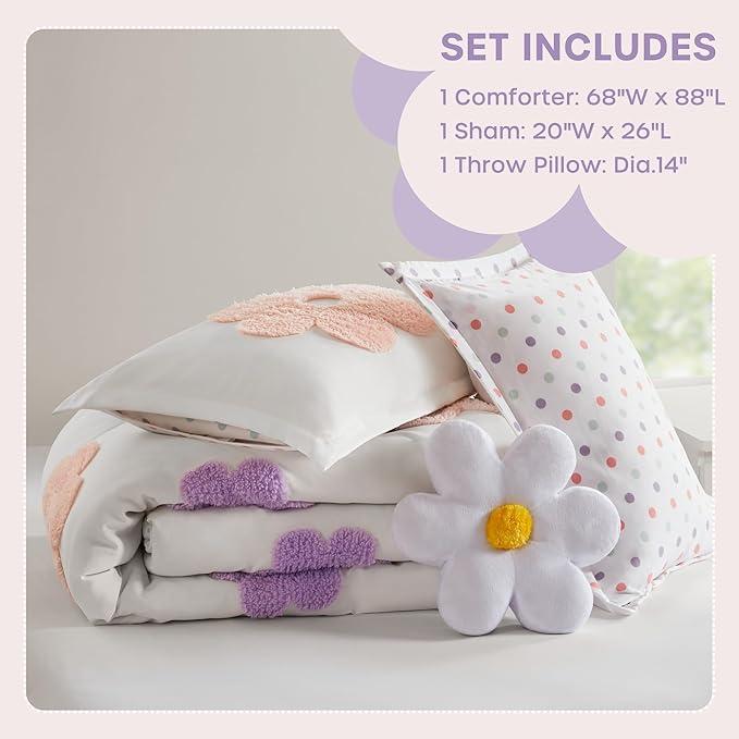 Intelligent Design Kids Twin Comforter Set for Girls, Tufted Chenille Floral, Lightweight Polka Dot Comforter Reversible Bed Set, Sham, Pillow, Gracie, Twin White/Purple 3 Piece