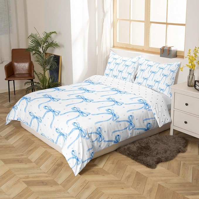 Cartoon Bowknot Girls Duvet Cover Set Full Size Kids Bow Tie Princess Bedding Sets 3Pcs for Child Girly Woman Room Decor, Butterfly Knot Comforter Cover with 2 Pillowcases (No Comforter) Blue