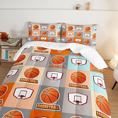 Basketball Bedding Kids Comforter Set King Size,Sports Style Basketball Printing Bedding Set for Teens Boys Room Decor,Ball Sports Games Comforter Set Soft Kids Bedding with 2 Pillowcases.