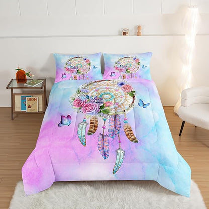 HOSIMA Boho Bedding Dream Catcher Comforter Bed in A Bag King Size with 2 Pillowcases,Butterfly Bed Set Room Decor for Teen Girls,Feather Floral king bedding Set for Adults Kids.