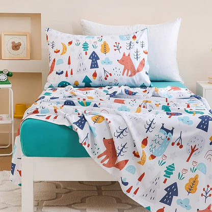 Twin Comforter Set for Kids, Boys, Girls, 4 Pieces Bed-in-a-Bag Bedding Set, All Season Ultra Soft Sheets Set with Comforter, Forest Fox