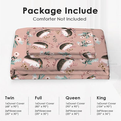 Hedgehog Theme 3 Pieces Duvet Cover Comforter Set with 2 Pillowcase King Size Hedgehog Flower Bed Sheet Quilt Bedroom Bedding for Lover Kids